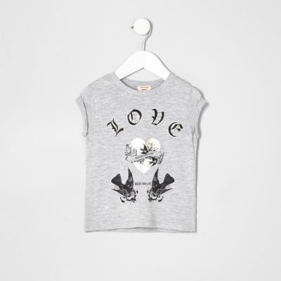 Mini girls grey marl love bird print T-shirt